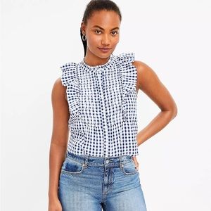 LOFT Plaid Ruffle Bib Button Top NWT, size M